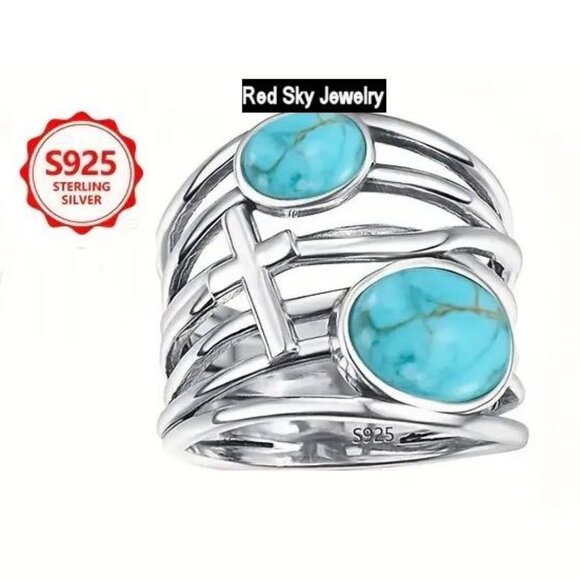 Size 8 Sterling SIlver Turquoise Ring Gemstone with Cross - Picture 1 of 5
